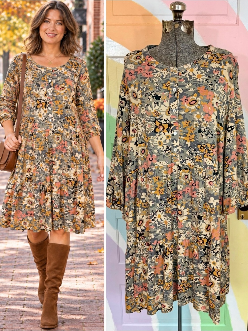 💥Natural Life Anita Floral Tiered Tunic Mini Dress Boho Multicolor XL💛